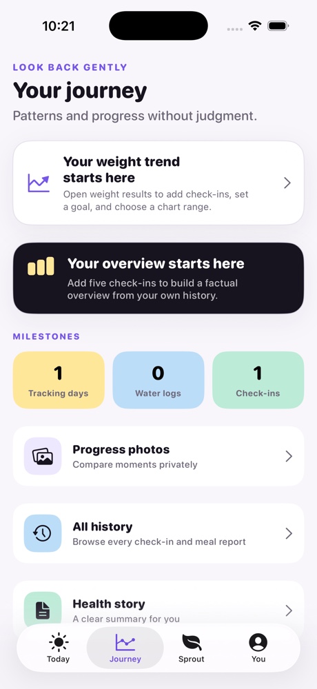 Mepace Journey view showing progress photos and history